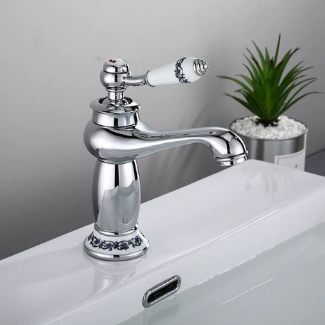 Retro-waschtischarmatur Mit Langem Hals Aus Messing, Keramik Und Schwarz-weißem Porzellan, Florales Muster, Gibt Heißes Und Kaltes Wasser Aus (chrom).