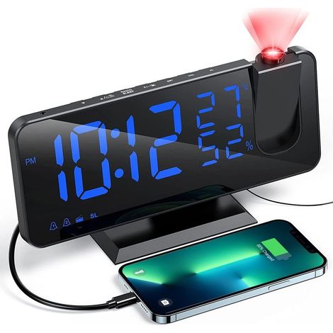 Projektorwecker Mit Radio, Digitaluhr, Usb-anschluss, 3 Einstellbaren Helligkeitsstufen, Schlummerfunktion, 15 Lautstärkestufen, 12/24-stunden-format, Ideal Für Schlafzimmer, Zuhause Oder Büro.