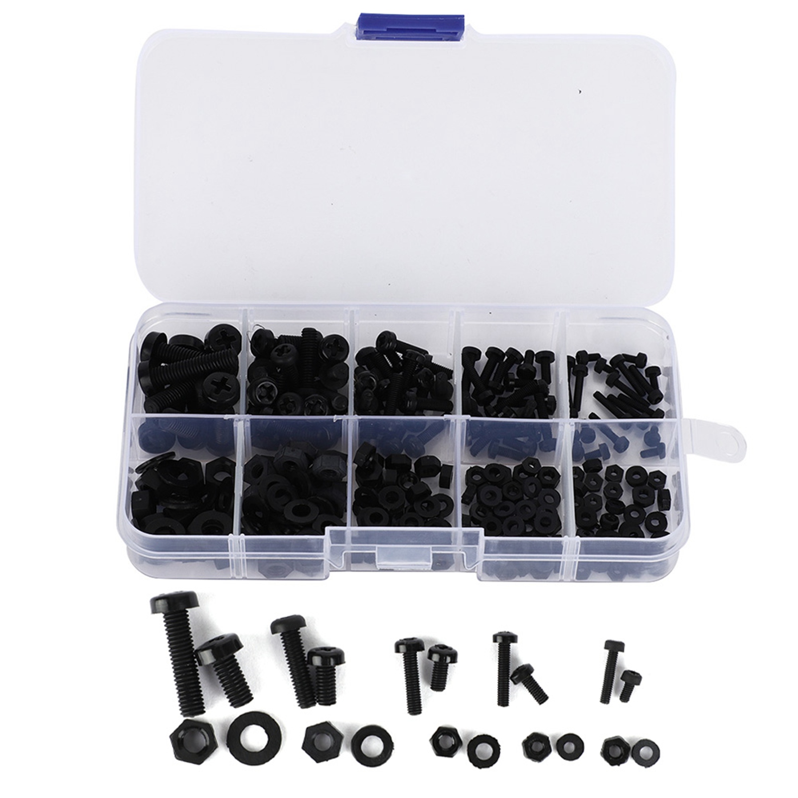 Set Mit 270 Verschiedenen Nylonschrauben, Muttern Und Unterlegscheiben M2/m2.5/m3/m4/m5 In Einer Schwarzen Schachtel.