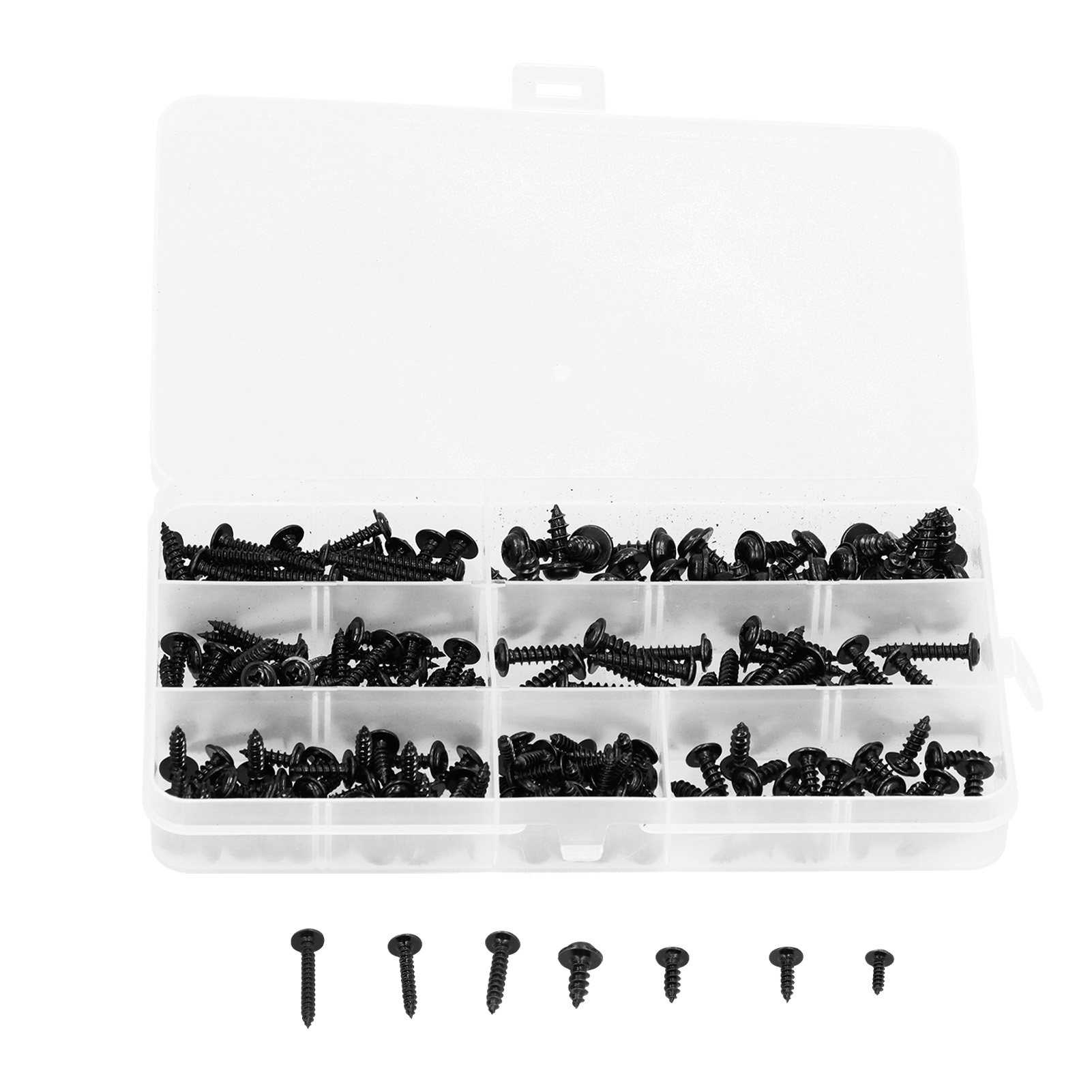 Packung Mit 210 Schwarzen, Selbstbohrenden Holzschrauben Mit Kreuzschlitzkopf Aus Kohlenstoffstahl Für Möbel, Holz Und Elektrogeräte.