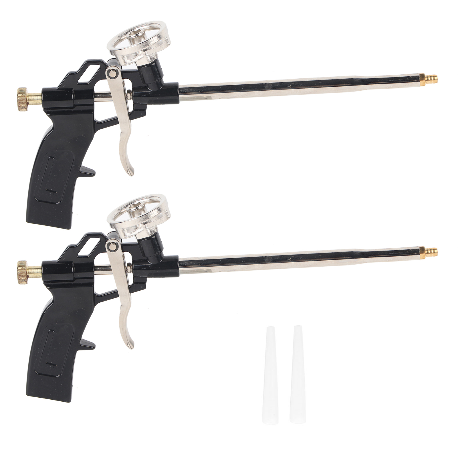 Set Mit 2 Schaumpistolen Für Dämm-, Füll-, Abdichtungs- Und Fugenarbeiten Im Haus Oder Büro. Aus Nylon Und Edelstahl, In Schwarz Und Silber. 32,5 Cm Schlauch, 2 Mm Düse + 2 Düsen.