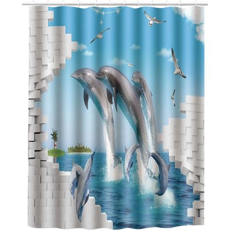 180x180cm Beau Rideau De Douche Imprimé Polyester Imperméable Salle De Bain Accessoire De Bain Dauphin