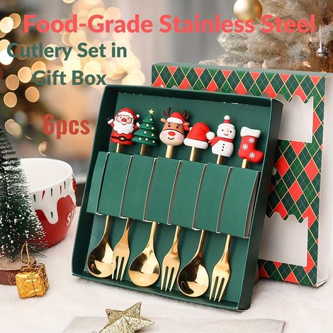 Weihnachtsgeschenkset Mit 6 Lebensmittelechten Edelstahl-besteckteilen (löffel Und Gabel)