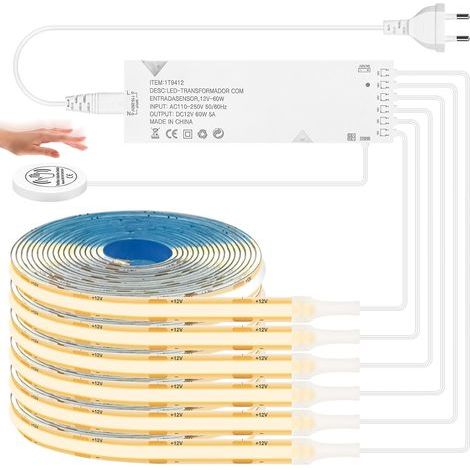 M Cob-led-streifen, 6 Cob-leds In Warmweiß Parallel Geschaltet, Mit Touch- Und Manuellem Dimmer, Kürzbar, Für Schränke, Vitrinen Und Akustikpaneele, 12 V