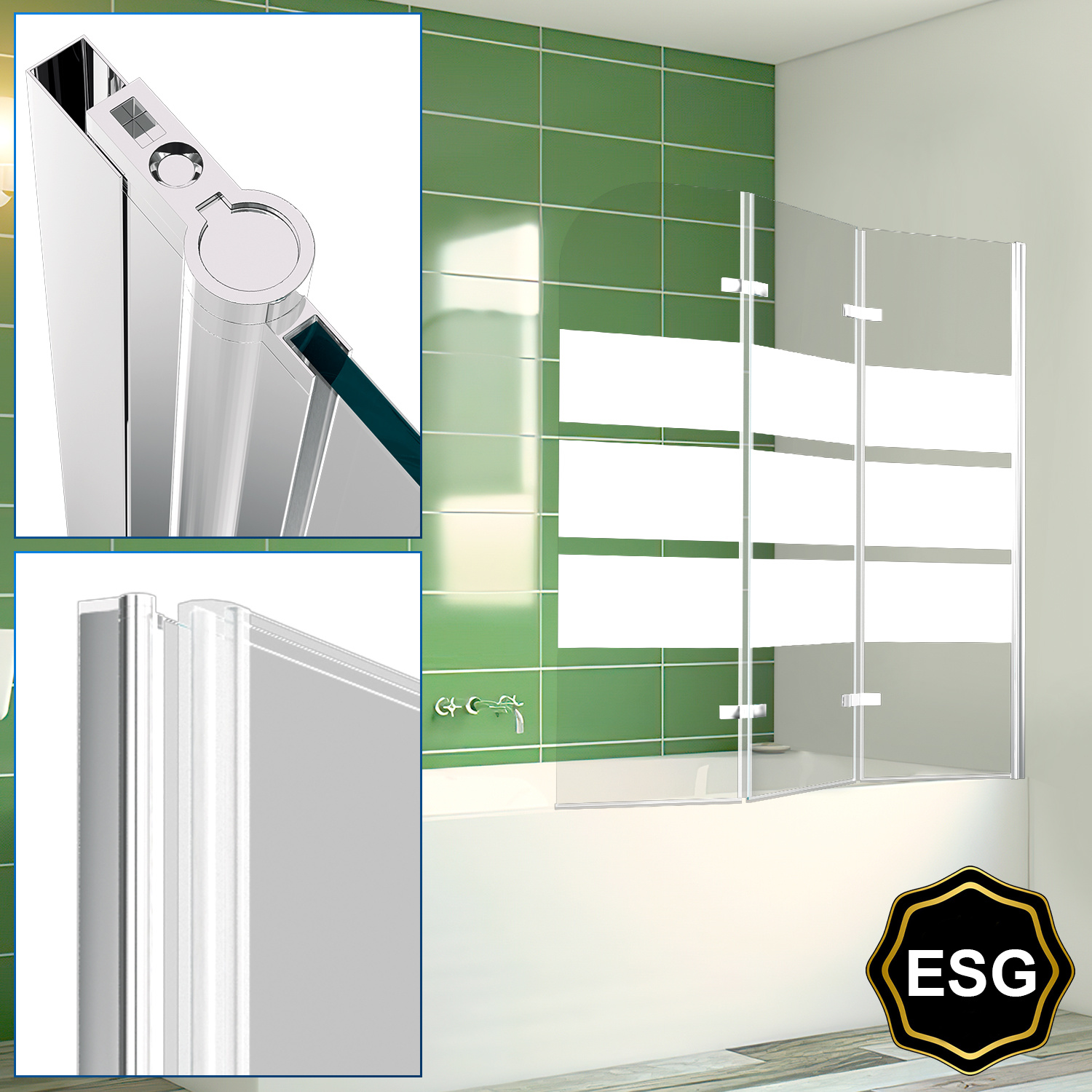 Jiubiaz 120x140cm Duschwand Für Badewanne Badewannenaufsatz, 3-teilig Faltbar, 6 Mm Esg-glas, 180° Schwenkbar, Nano-beschichtung, Weißes Streifendekor