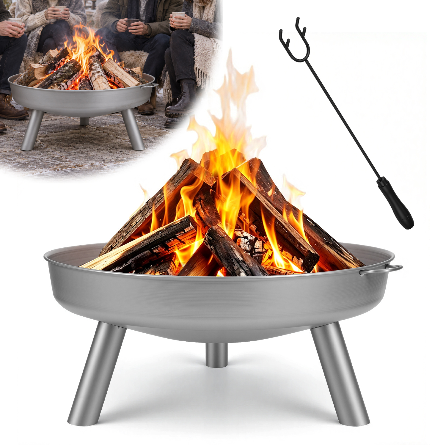 Jiubiaz Feuerschale Ø 75 Cm Mit Ablaufloch, 3-bein-gestell, Griffen Und Schürhaken, Verzinktes Stahlblech, Silber, Für Garten Und Terrasse
