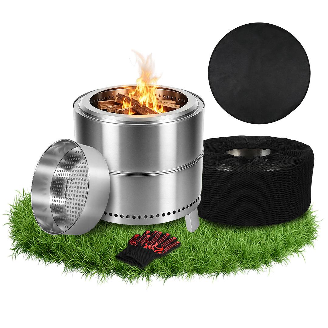 Jiubiaz Rauchfreie Feuerstelle Ø49,5 Cm Aus 201 Edelstahl Tragbar Mit Tasche Und Ascheschaufel Für Garten Terrasse Balkon Und Camping Silber