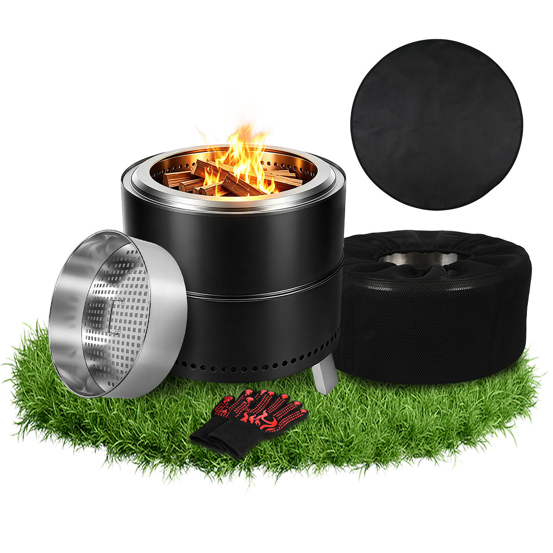 Jiubiaz Feuerschale Rauchfrei Ø49,5 Cm 201 Edelstahl Mit Tragetasche Und Entnehmbarer Ascheschale Für Garten Terrasse Balkon Camping Schwarz