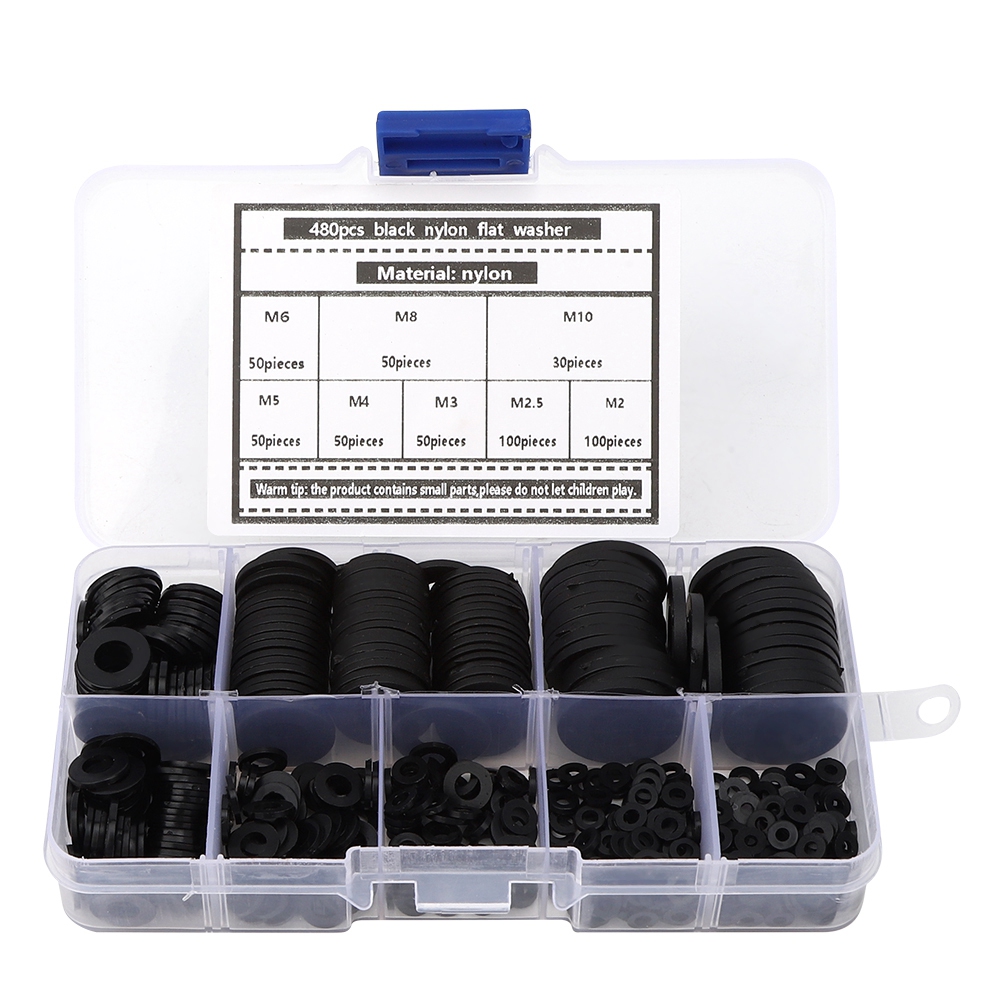Sortiment Mit 480 Schwarzen Nylon-unterlegscheiben, M2- Bis M10-schrauben
