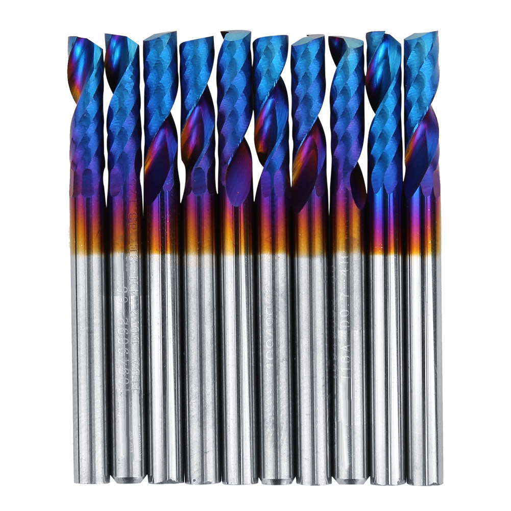 Satz Mit 10 Hartmetall-spiralfräsern, 3,175 Mm Schaft, Blau Nano-beschichtet, Einschneidig, Gravierwerkzeuge