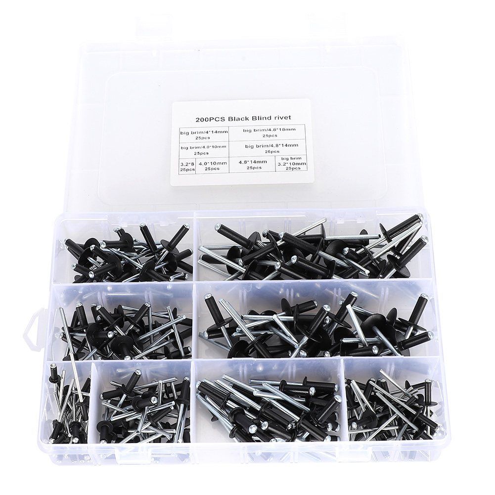 Packung Mit 200 Schwarzen Aluminium-blindnieten, Sortiment An Blindnieten 3,2/4,0/4,8 Mm