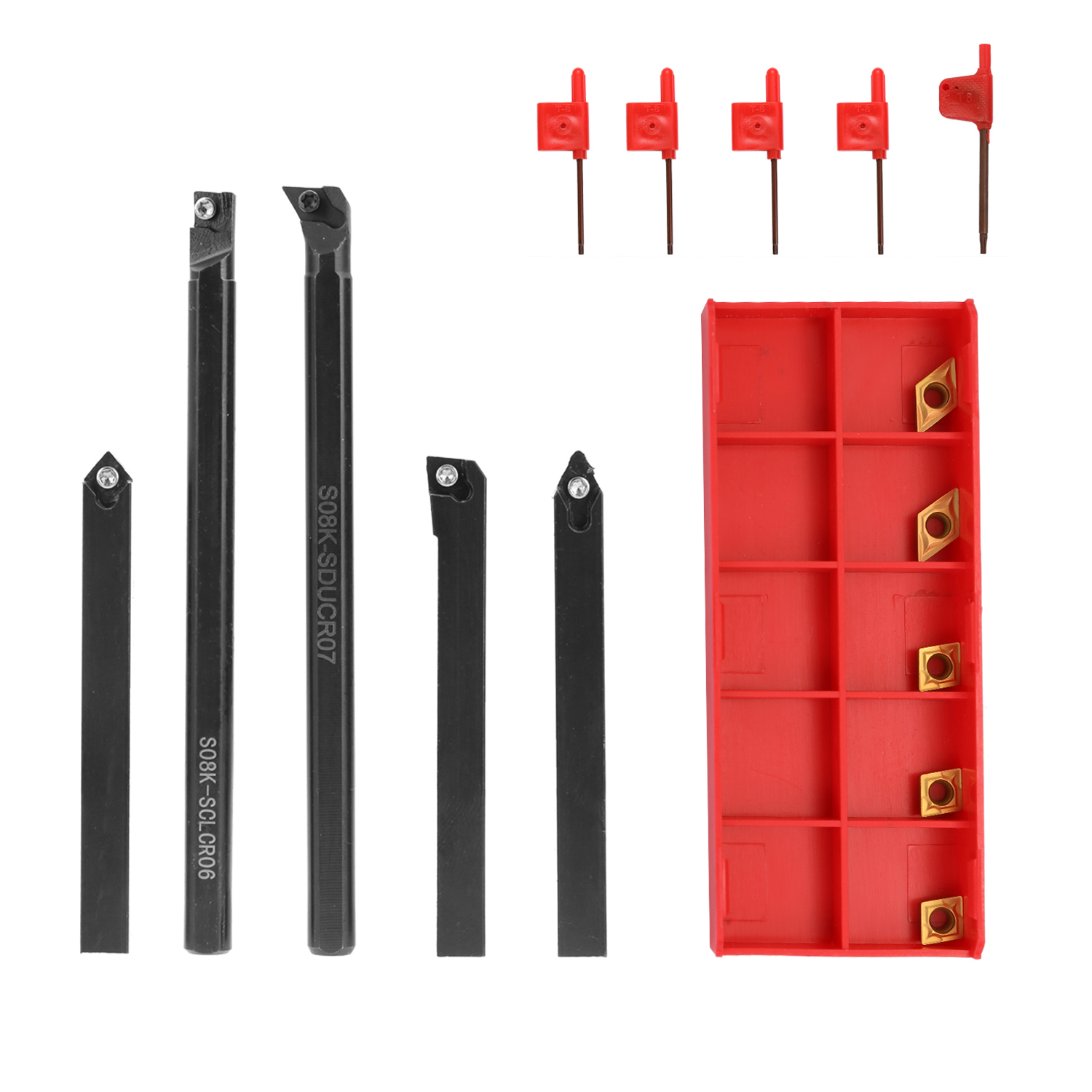 Satz Aus 5 Drehwerkzeughaltern Mit 8 Mm Bohrstange + 3 Ccmt060204 Hartmetalleinsätzen + 2 Dcmt070204 Einsätzen