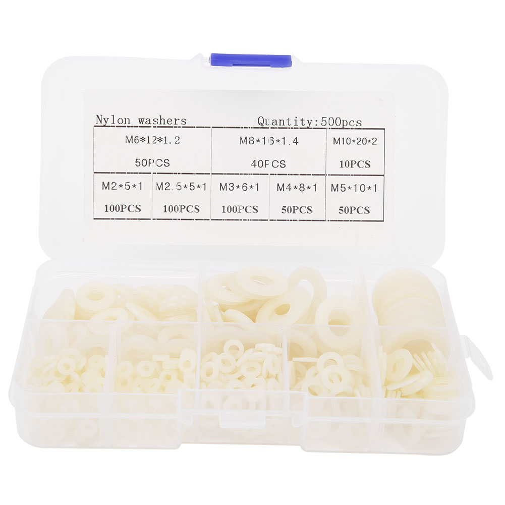 500 Stück/karton Sortierte Nylon-unterlegscheiben M2, M2,5, M3, M4, M5, M6, M8, M10, Weiß, Befestigungsmaterial, Zubehör