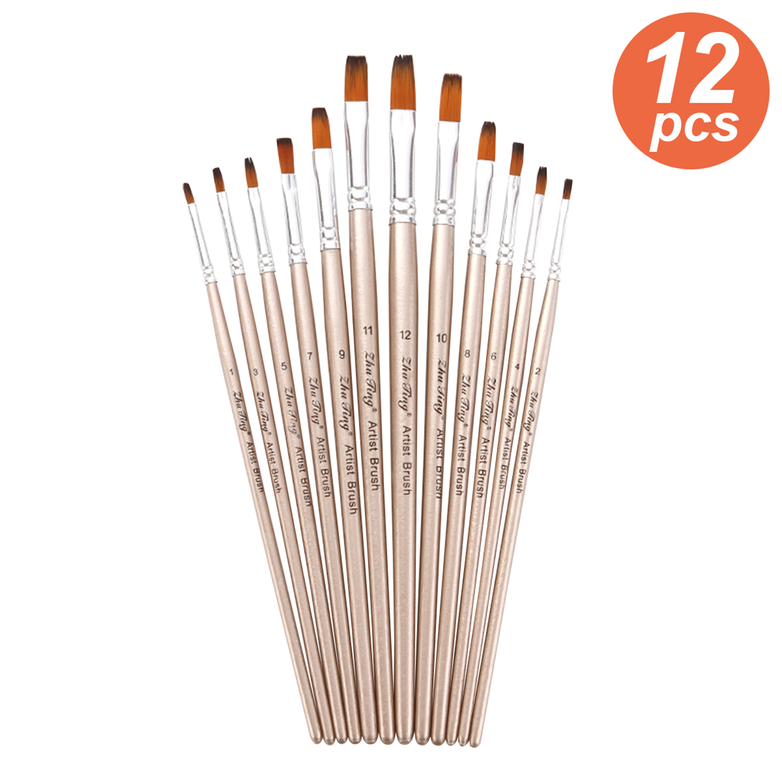 Set Mit 12 Flachen Nylonborstenpinseln Für Acryl-, Aquarell-, Gouache- Und Ölmalerei.