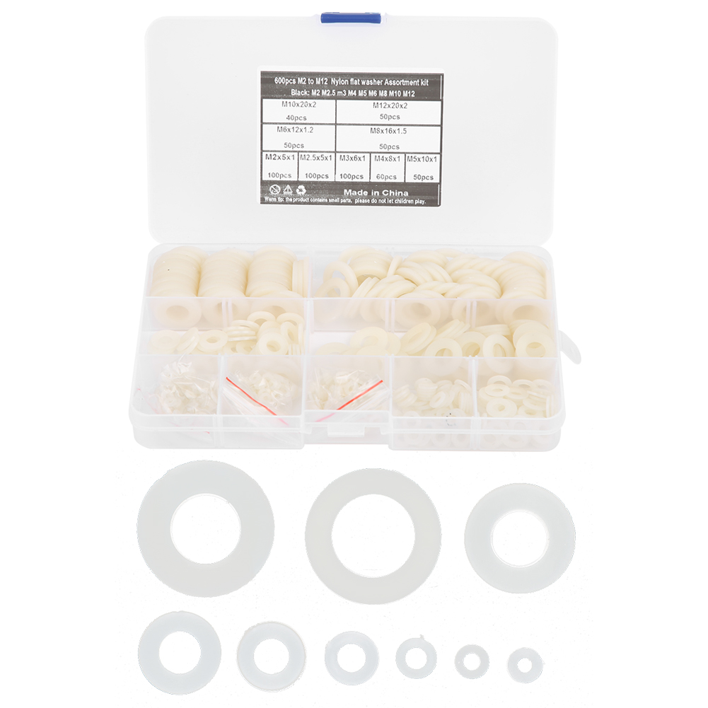 600 Stück Weiße Nylon-unterlegscheiben, 9 Größen, Flachdichtungssortiment, Befestigungsmaterial, Werkzeuge M2-m12