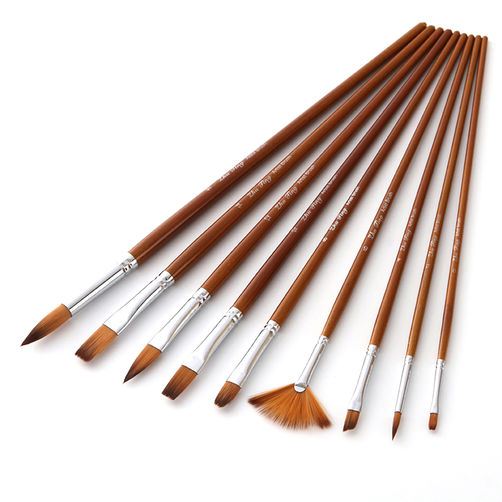 Set Mit 9 Vielseitigen Profi-pinseln Mit Nylonborsten Und Holzgriffen Für Acryl-, Öl-, Aquarell- Und Gouachefarben. Künstlerbedarf Für Erwachsene Und Kinder.