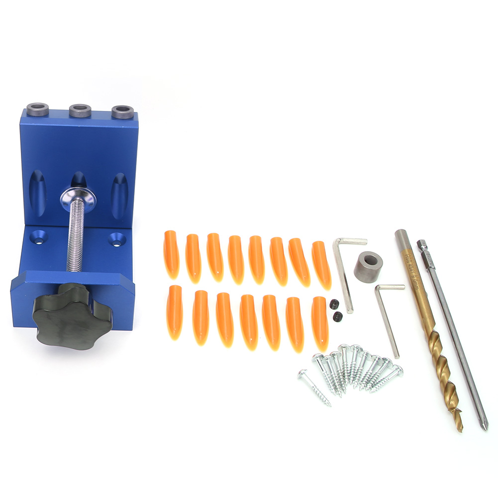 Xk-r3 Blaues Aluminium-winkelbohrer-set Für Die Holzbearbeitung, Positionierungsschablone, 9 Mm X 150 Mm Bohrer, Mit Anschlagbohrer, Schraubendreher, 2 Innensechskantschlüssel, Dübel Und Schrauben