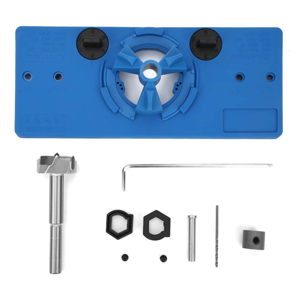 Bohrschablone Und Positionierhilfe Für 35-mm-scharnierlöcher In Stahl- Und Kunststoffverbindungen, Set Bestehend Aus 1 Schablone, 2 X 26-mm-anschlägen, 1 X 2-mm-spiralbohrer, 1 X 35-mm-bohrer, 1 Satz