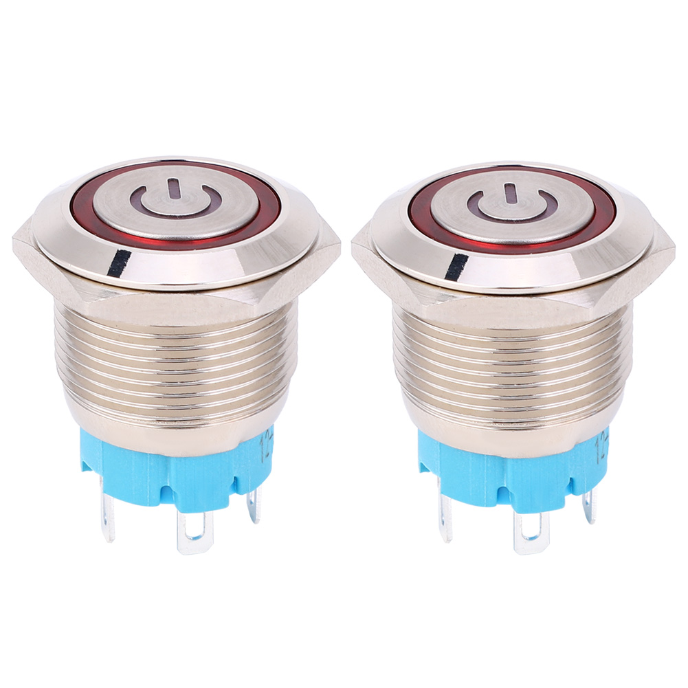 Set Aus 2 Selbstrückstellenden, Beleuchteten Drucktastern, 16 Mm Rund, 4 Pins, 1 Schließer, 12–24 V Dc, Edelstahl, Schutzart Ip65, Mit Roter Kontrollleuchte