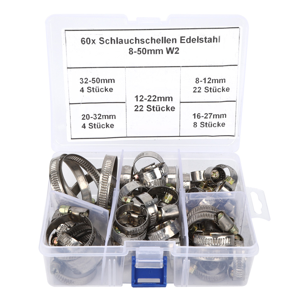 Packung Mit 60 Federklemmen Aus Edelstahl Nach Deutscher Bauart, 8–12 Mm / 12–22 Mm / 16–27 Mm / 20–32 Mm / 32–50 Mm