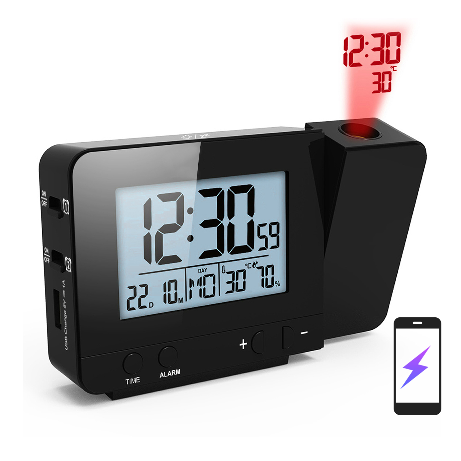 Projektionswecker Fürs Schlafzimmer Mit Thermometer, Hygrometer, Digitaluhr, Deckenmontiertem Led-bildschirm, Verstellbarer Höhe, Usb-ladegerät, 180°-schwenkfunktion, Dual-alarm (12/24 Std.) Und Schlu