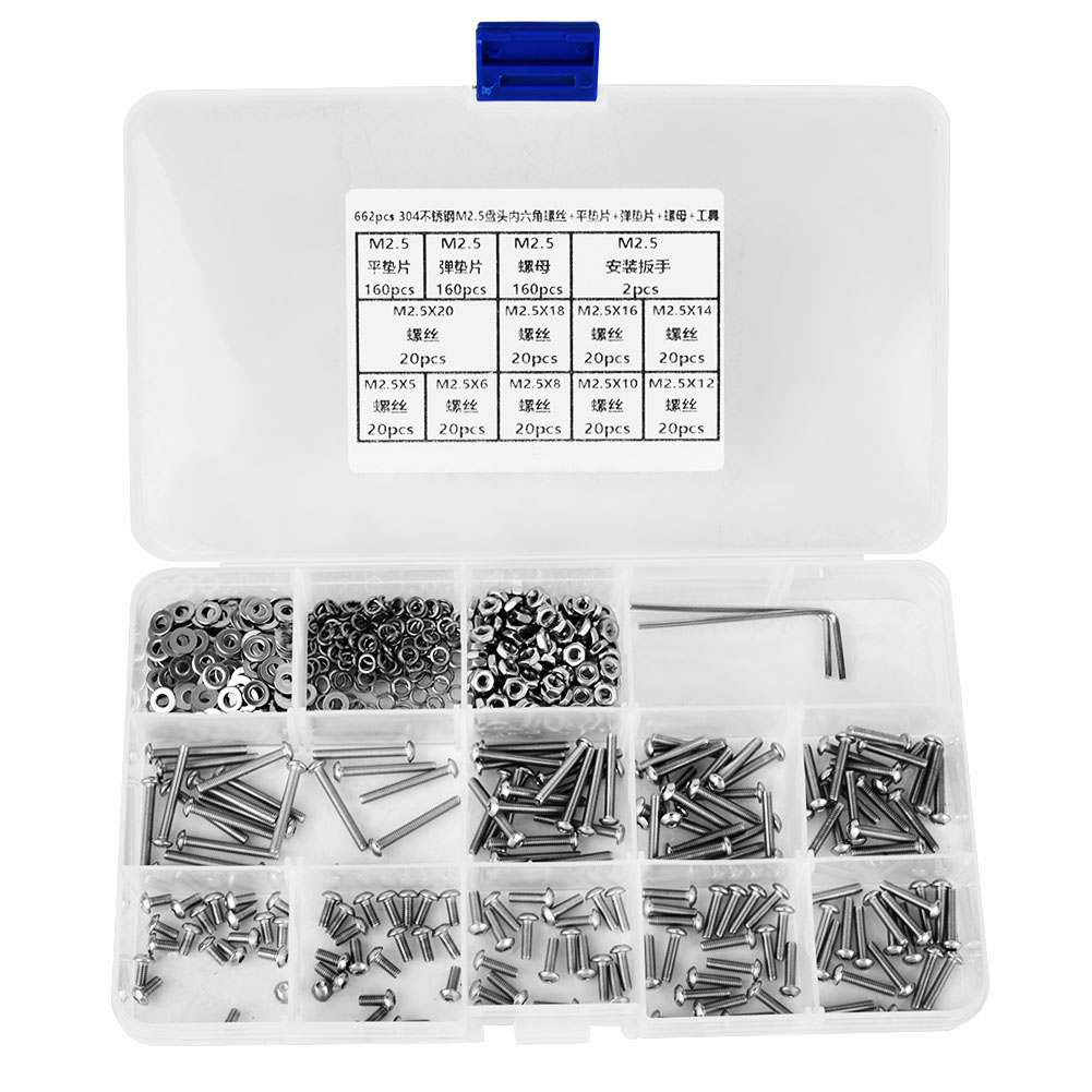 Set Mit 662 Teilen Aus Edelstahl 304, Bestehend Aus M2,5-flachkopfschrauben, Sechskantmuttern, Unterlegscheiben, Federscheiben Und Verstellbaren Schraubenschlüsseln