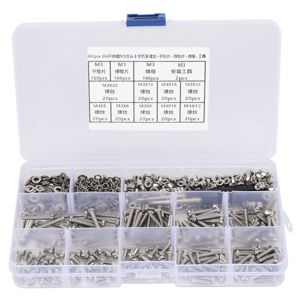 662-teiliges Diy-set: M3-schlitzschrauben Mit Linsenkopf + Federscheiben + Muttern Aus Edelstahl 304
