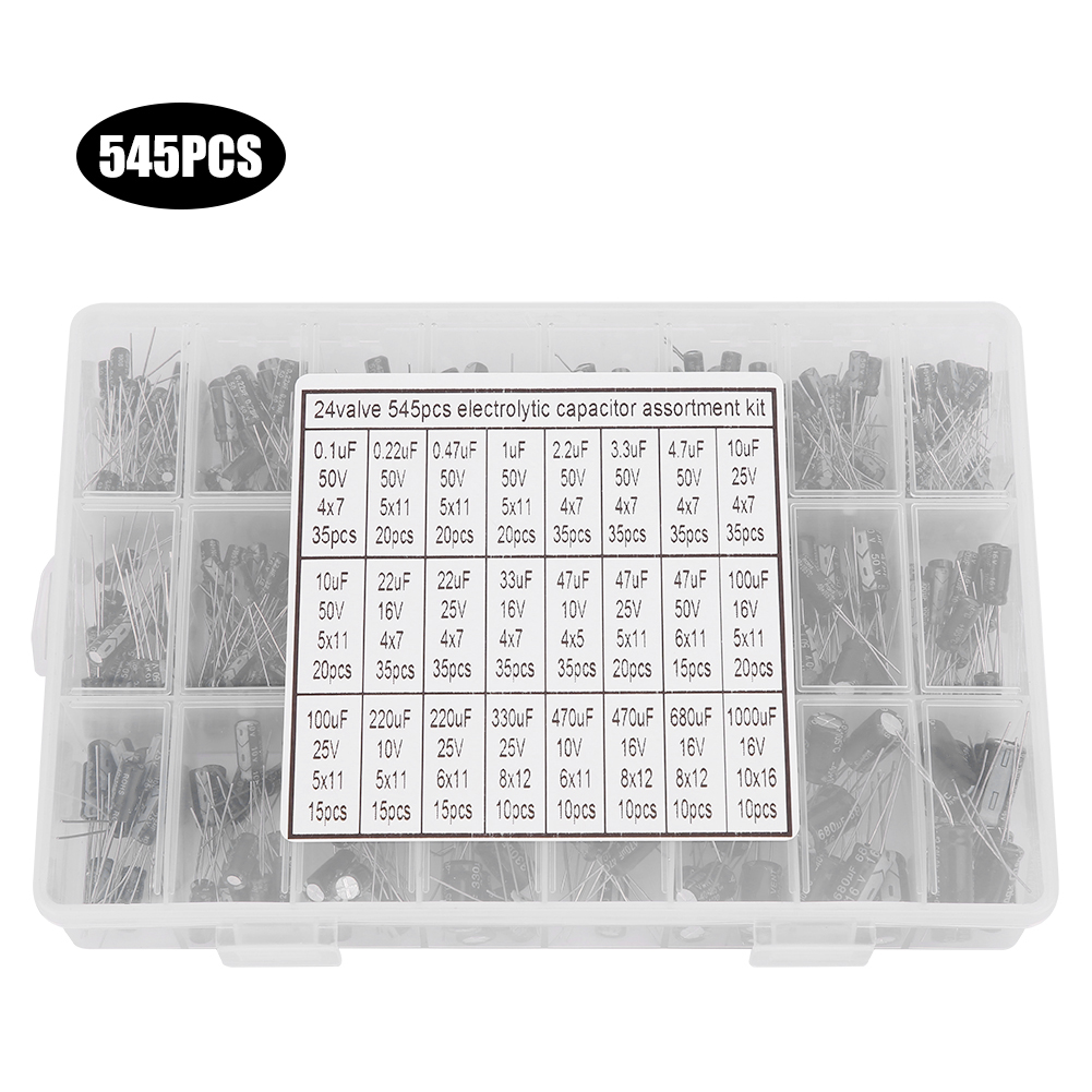 Konvolut Von 545 Aluminium-elektrolytkondensatoren, 24 Modelle, 0,1 Μf Bis 1000 Μf, Mit Aufbewahrungsbox