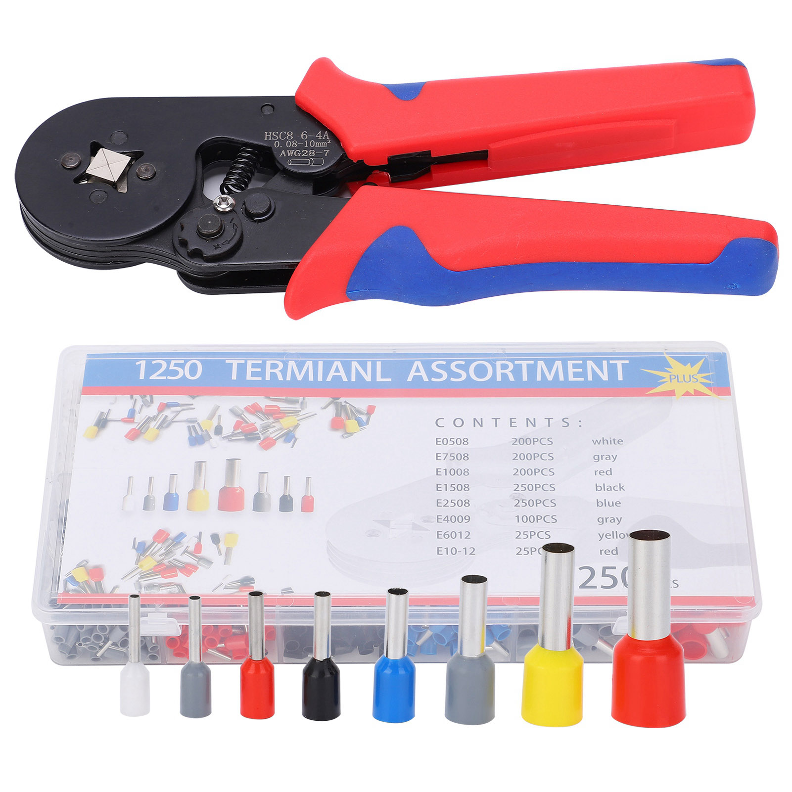 Crimp-set Mit 1250 Isolierten Aderendhülsen, Schrumpfschlauch Und Crimpzange Aus Nickel-chrom-stahl Mit Rot-blauem Griff.