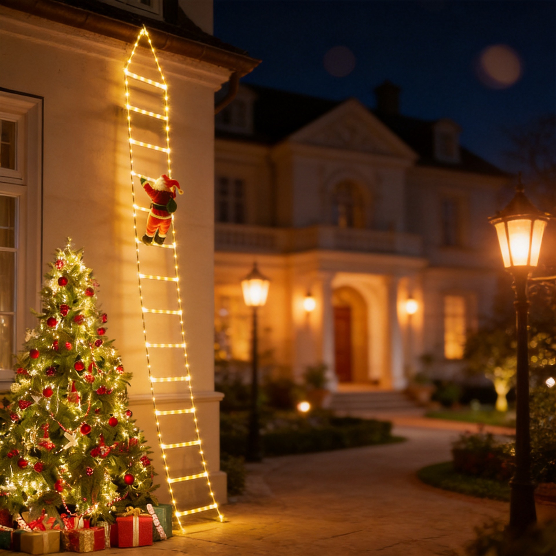 Laternendekoration Mit Darstellung Des Weihnachtsmanns, Der Eine Leiter Hinaufsteigt (2 Meter, Warmweißes Licht)