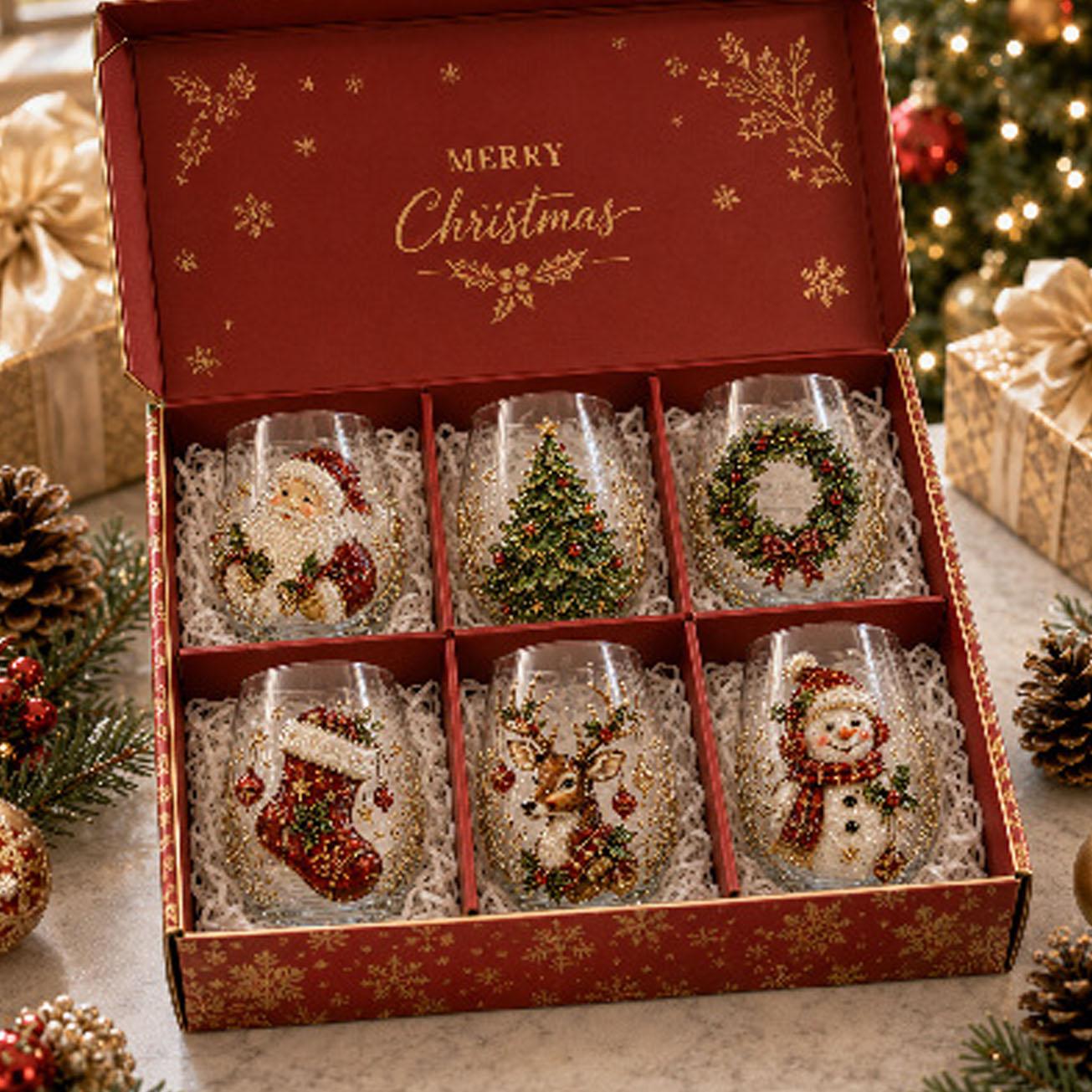 Weihnachtskollektion Mit Handgefertigten Blauen Ringen, 3d-geprägten Cocktailgläsern Und Geschenkbox