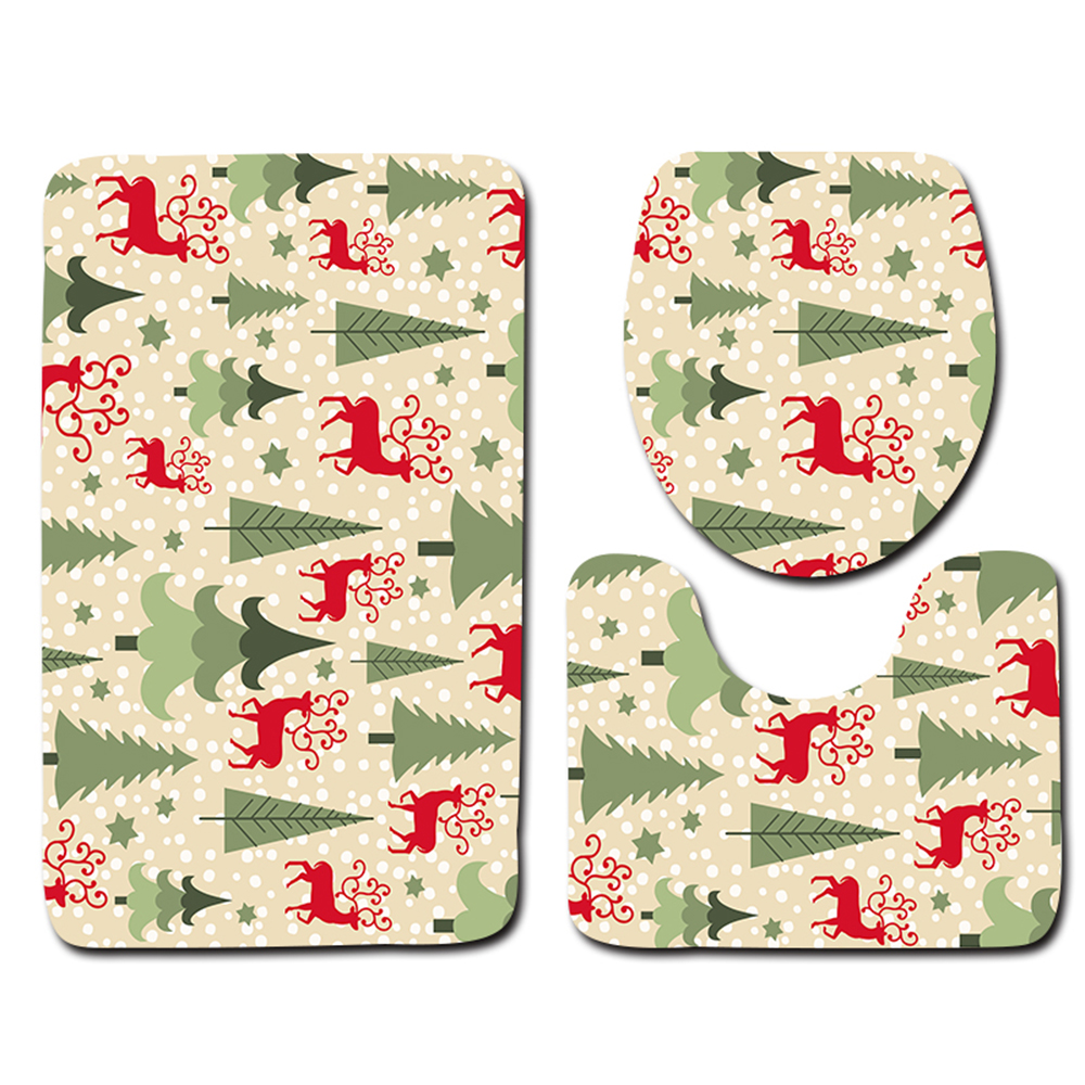 3-teiliges Badezimmer-set: Rutschfeste Badematte Mit Weihnachtsbaum- Und Rentiermotiv, Wc-vorleger Und Wc-sitzbezug. Weihnachtsdekoration Und Geschenkidee.