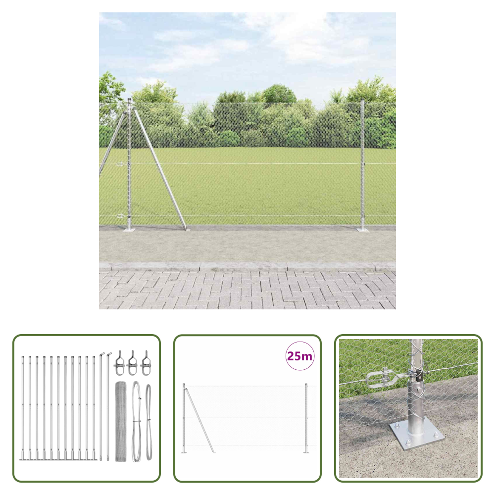 Außenzaun - Zaunpfosten Silber 25 X 1,2 M (13 Mm Maschen) Stahl