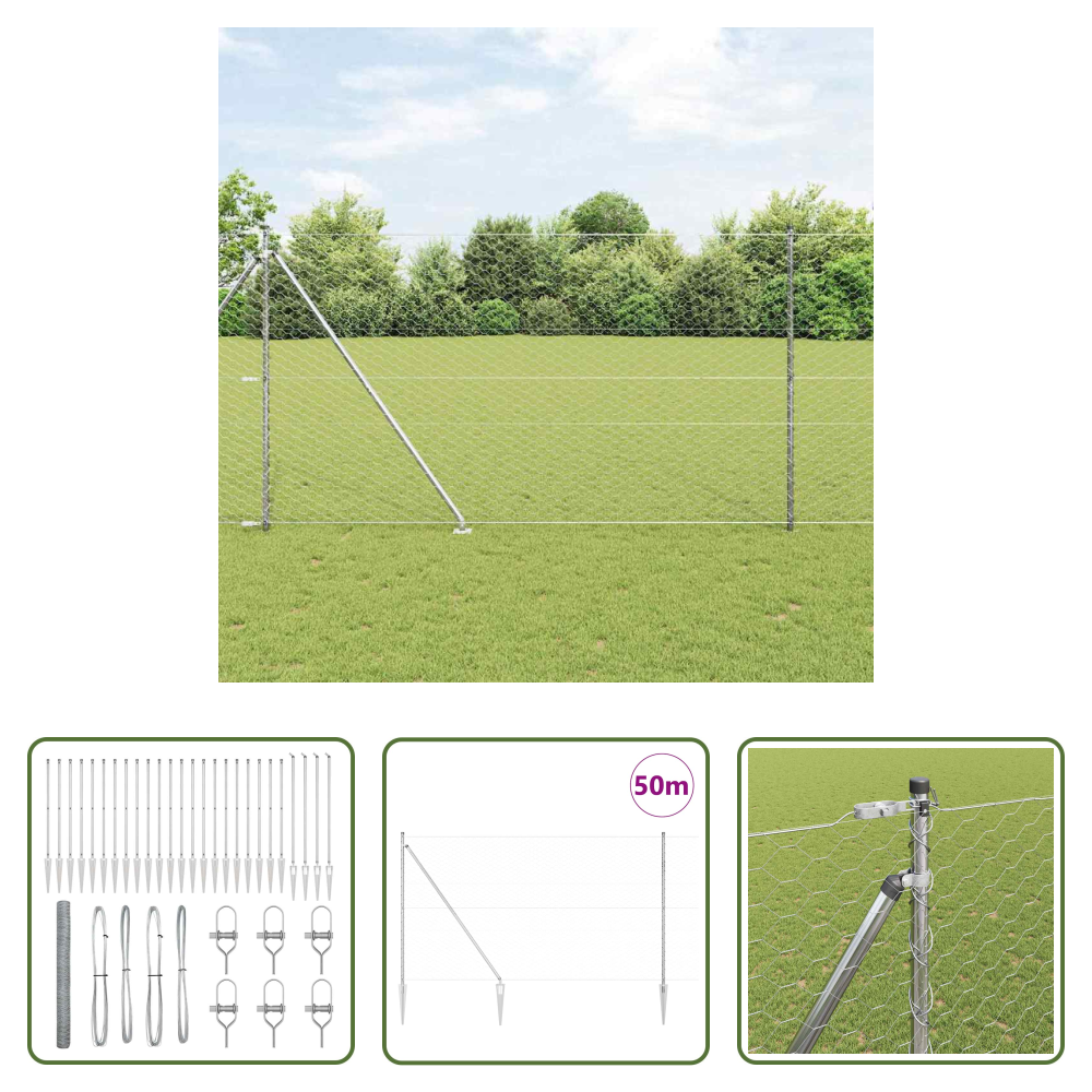 Außenzaun - Zaunpfosten Silber 50 X 1,5 M (50 Mm Maschen) Stahl