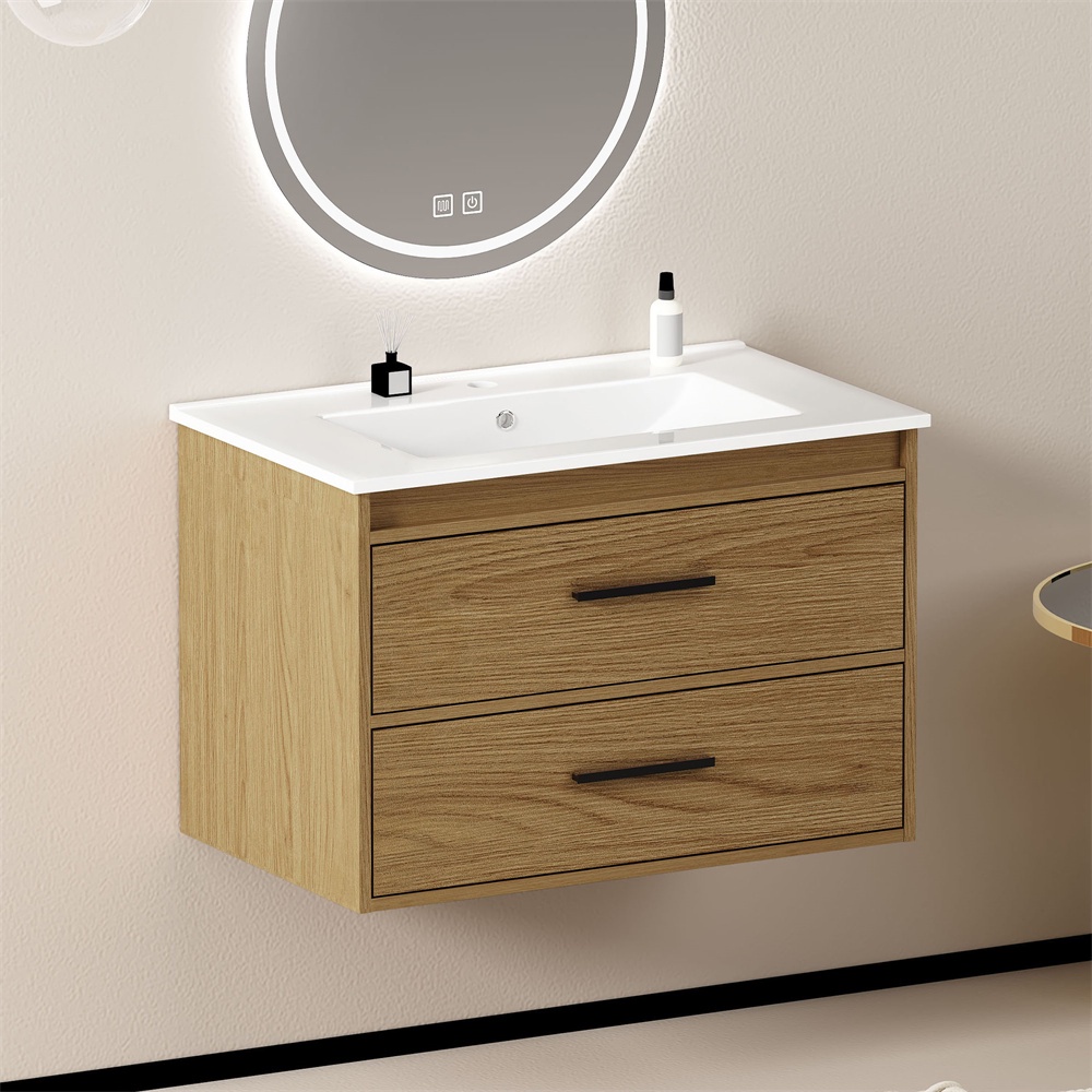 Badezimmerschrank – 75 Cm – Waschtischunterschrank Mit 2 Großen Schubladen Und Mdf-oberfläche – Eiche Hell