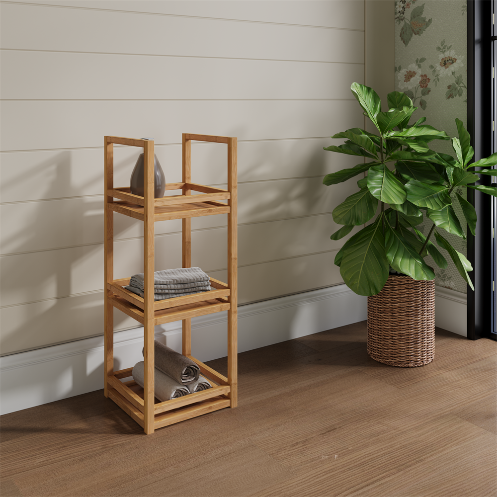 Badezimmerregal Aus Bambus – 70 X 26 X 26 Cm – Aufbewahrungssäule Mit 3 Ebenen Und Robuster Struktur – Natur Und Grau
