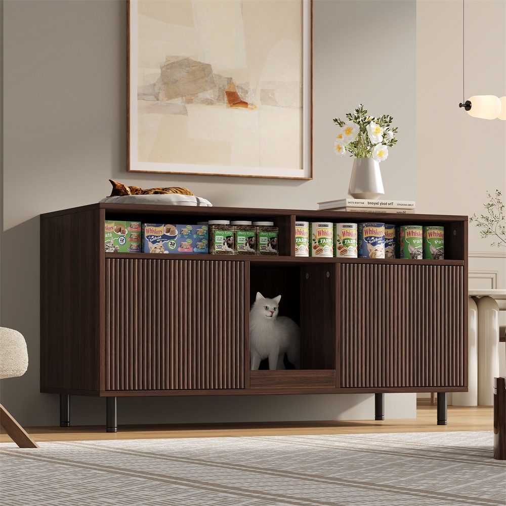 Katzen-toilettenhaus – 120 X 50 X 66 Cm – Katzentoilettenmöbel Mit Sandauffangmatte Und Gerippten Türen – Dunkles Nussbaumholz