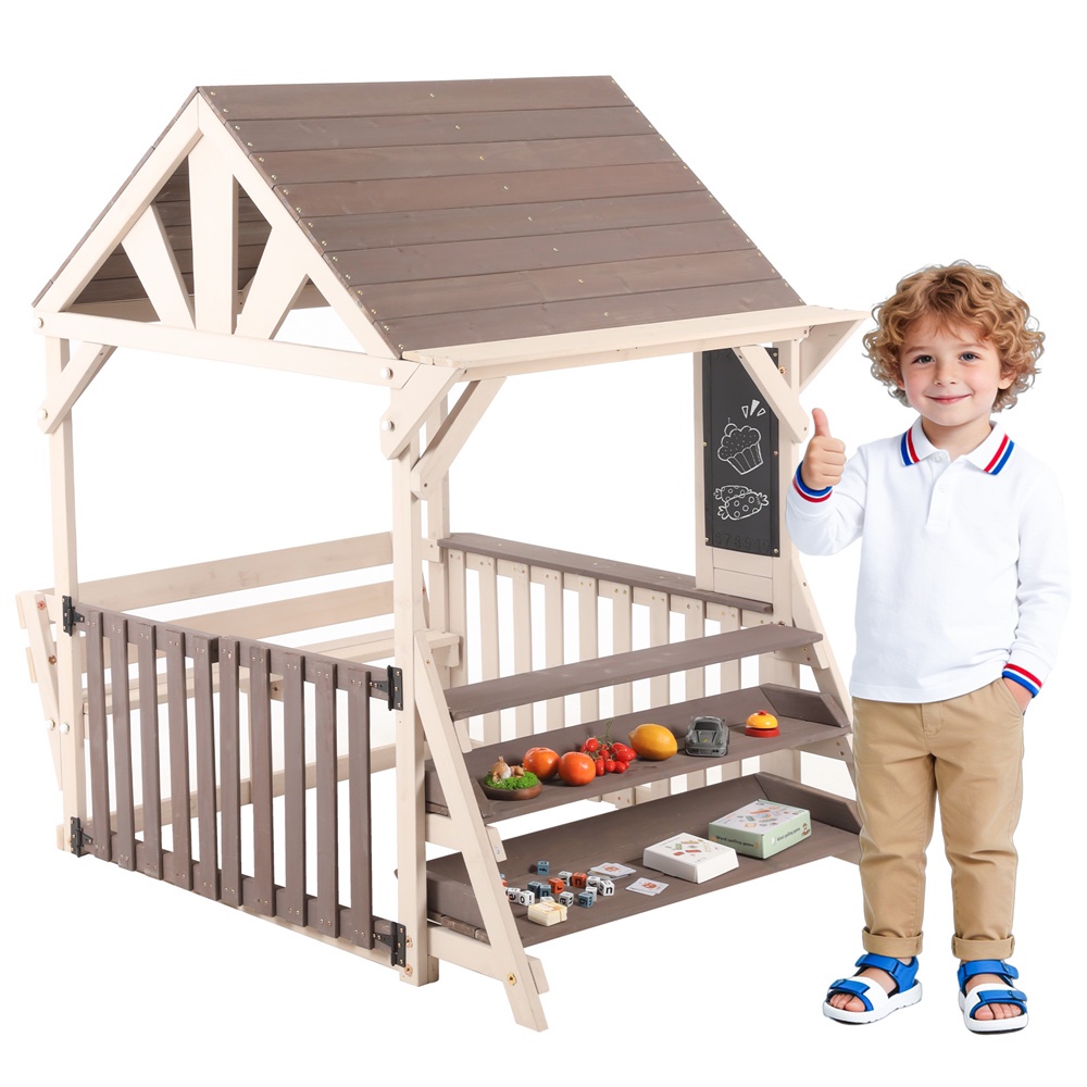 Gartenhäuschen Mit Holzküche 114 X 147,5 X 156 Cm – Spielplatz Im Freien Mit Dach Und Regalen – Grau Und Beige