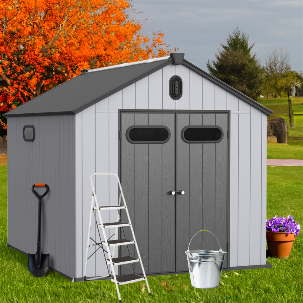 Gartenhaus Aus Kunstharz – 285 X 235 X 231 Cm – Gerätechrank Für Den Außenbereich Mit Großem Fassungsvermögen Und Spitzem Dach – Grau Und Weiß