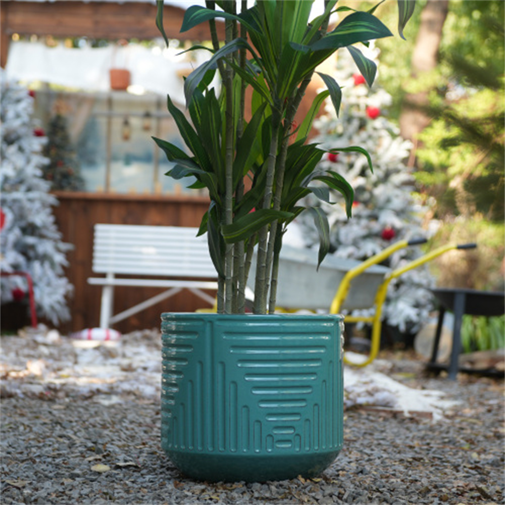 Riesiger, Handgefertigter Blumentopf Aus Keramik – Ø 42 X 36,5 Cm – Großer, Atmungsaktiver Gartentopf Mit Geometrischem Rillenmuster – Türkisgrün