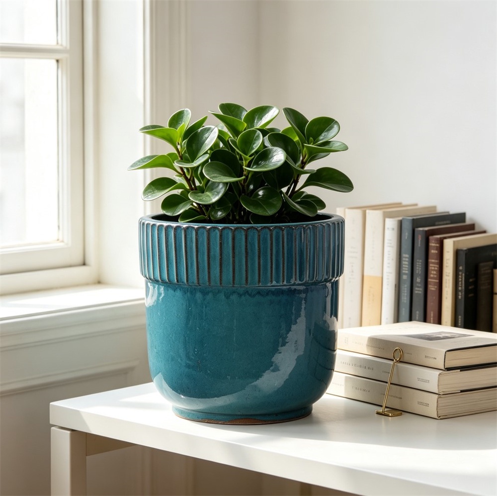 Handgefertigter Keramik-blumentopf – Ø 30,5 X 29,5 Cm – Atmungsaktiver Gartentopf Mit Geriffeltem Rand – Türkisblau
