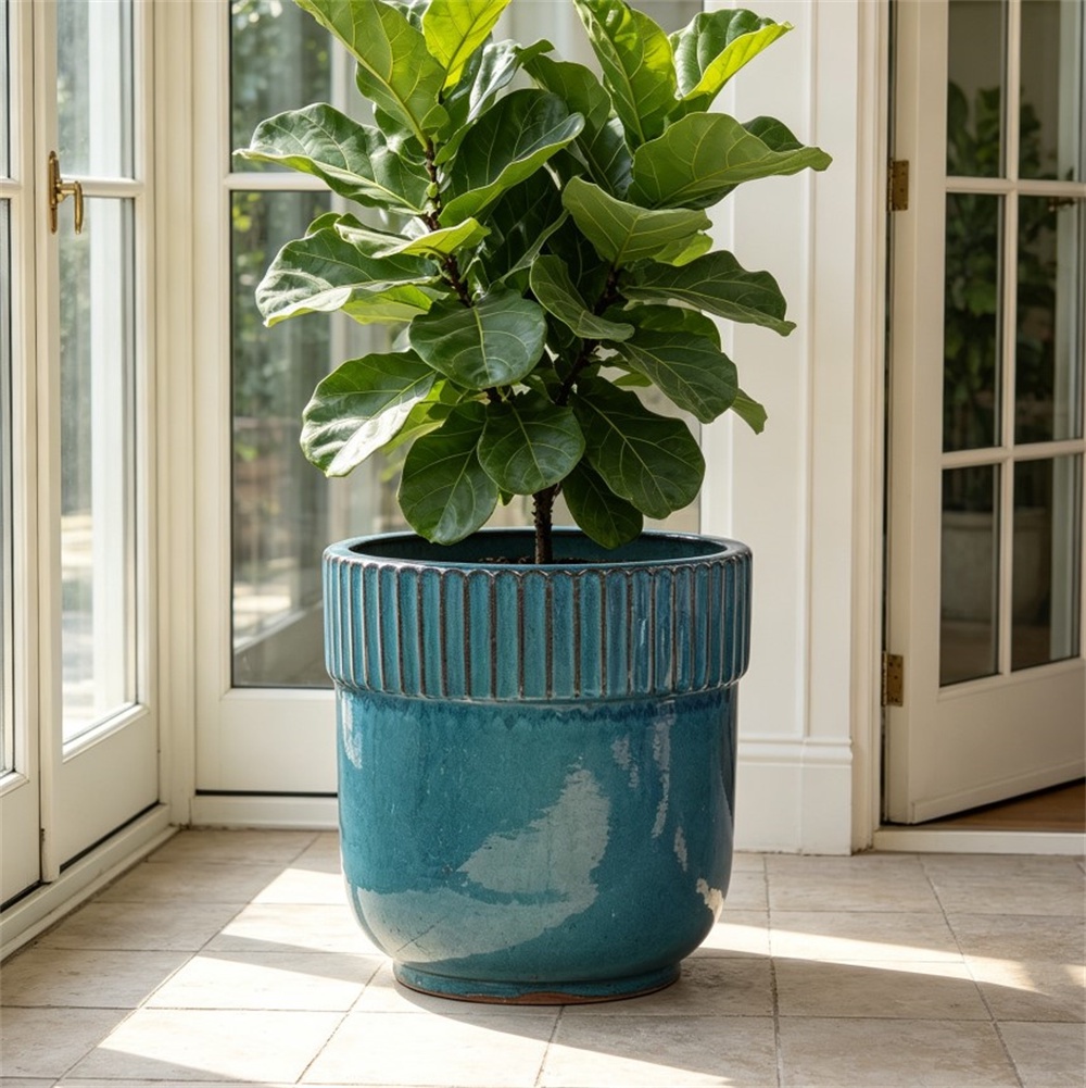 Handgefertigter Keramik-blumentopf – Ø 38 X 36 Cm – Großer, Atmungsaktiver Topf Mit Geriffeltem Rand – Türkisblau