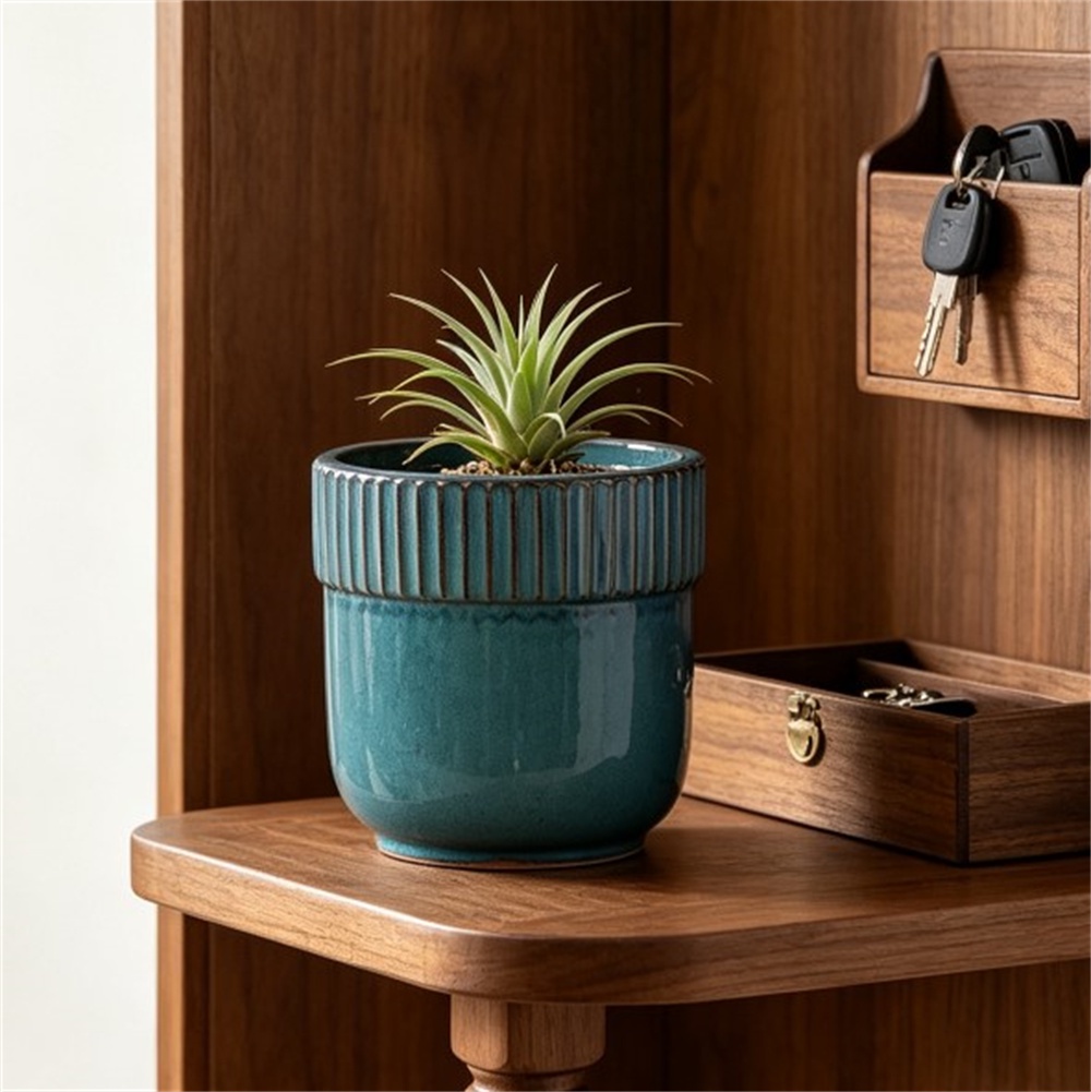 Handgefertigter Keramik-blumentopf – Ø 23 X 22 Cm – Kleiner, Atmungsaktiver Topf Mit Geriffeltem Rand – Türkisblau