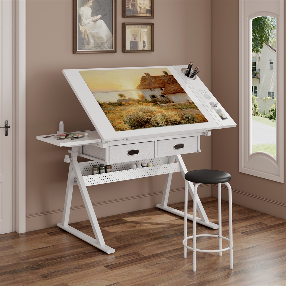 Neigbarer Zeichentisch Mit Hocker – 98 X 60 X 91 Cm – Verstellbarer Professioneller Zeichentisch Mit 2 Schubladen – Weiß