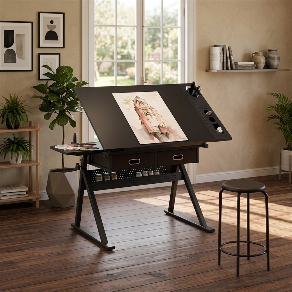 Neigbarer Zeichentisch Mit Hocker – 98 X 60 X 91 Cm – Professioneller, Verstellbarer Zeichentisch Mit 2 Schubladen – Schwarz