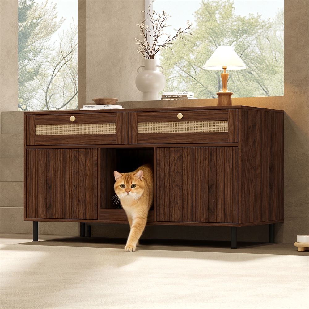 Katzenklo-möbel – 120 X 50 X 65 Cm – Katzentoilettenverkleidung Mit Rattan-schublade Und Stauraum – Modernes Sideboard Aus Nussbaum