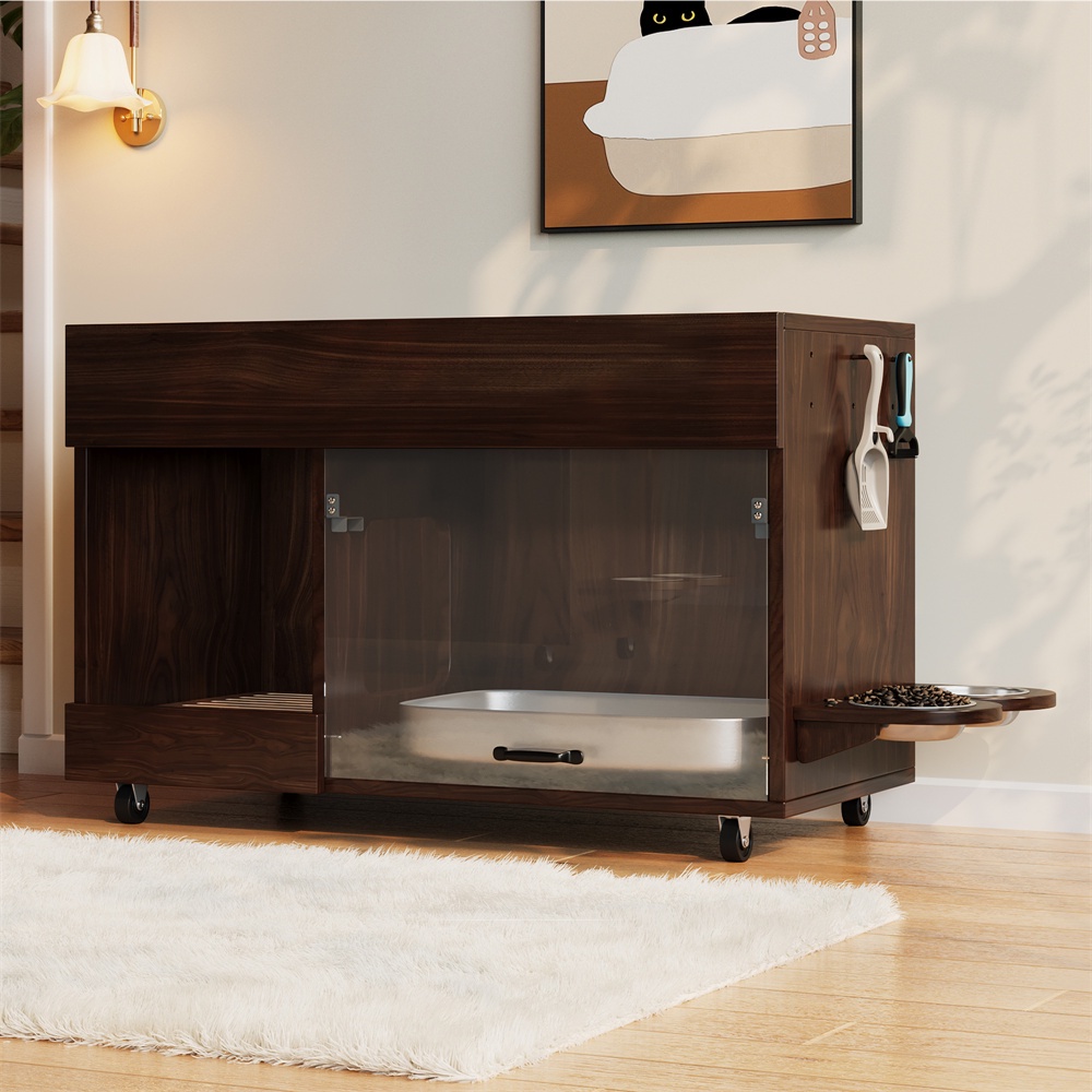 Katzenklo-möbel – 100 X 45,5 X 67 Cm – Katzenklo-abdeckung Mit Fressnäpfen Und Stauraum – Design-möbel Aus Nussbaum