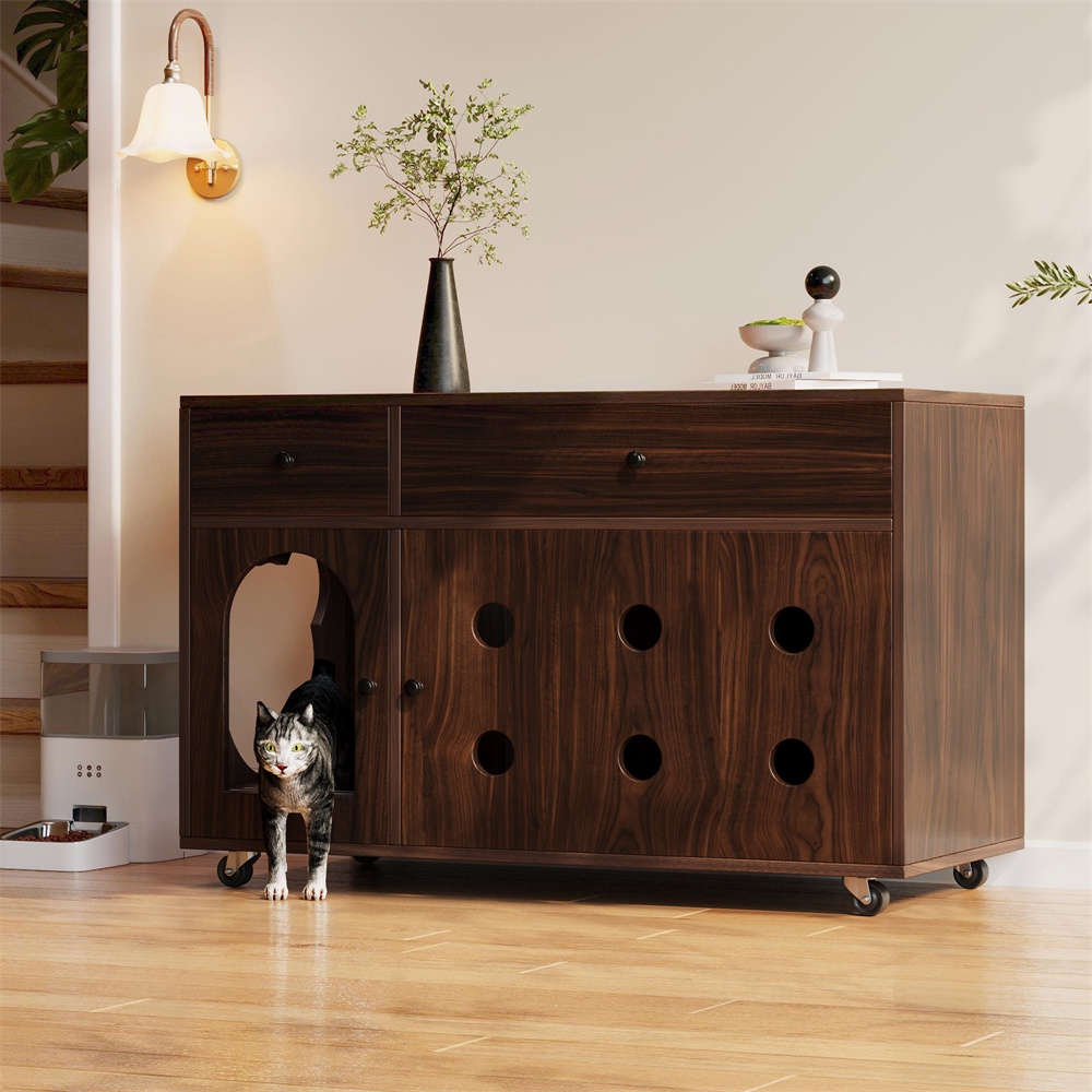 Katzenklo-schrank – 100 X 45 X 66 Cm – Katzenklo-abdeckung Mit Auffangwanne Und Schubladen – Elegantes Nussbaum-design