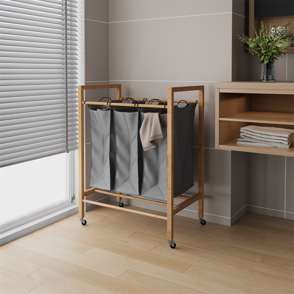Wäschekorb Aus Bambus – 62 X 40 X 83 Cm – Sortierwagen Mit 3 Herausnehmbaren Stofffächern – Natur Und Anthrazit