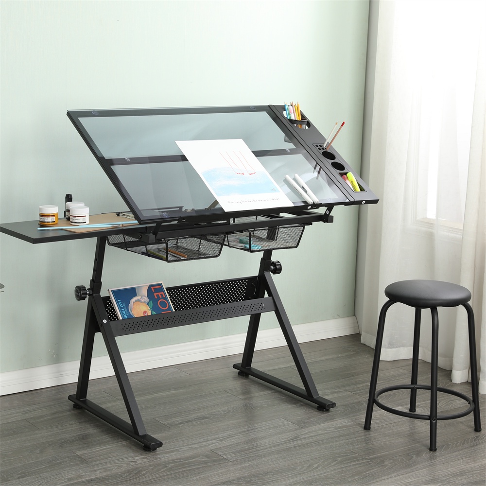 Zeichentisch Aus Gehärtetem Glas Mit Hocker – 98 X 60 Cm – Neigbarer Zeichentisch Mit 2 Metallschubladen – Schwarz